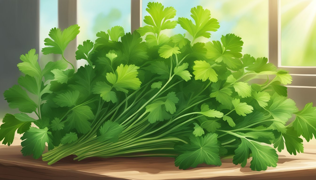 A bountiful bunch of fresh cilantro leaves and stems, surrounded by vibrant greenery and herbs, with rays of sunlight streaming down onto the scene