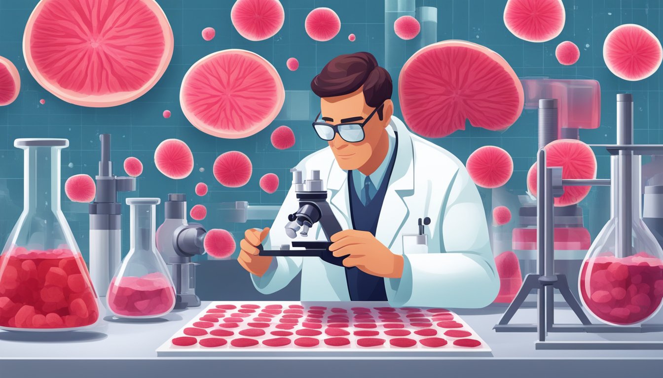 A scientist in a lab coat examines a microscope slide of vibrant red rhubarb cells, surrounded by beakers and scientific equipment