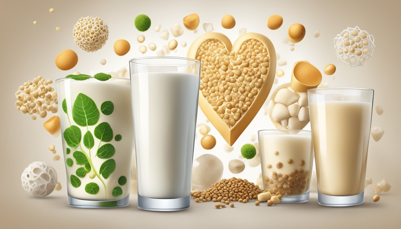 A glass of soy milk surrounded by images of healthy heart, bones, and cells