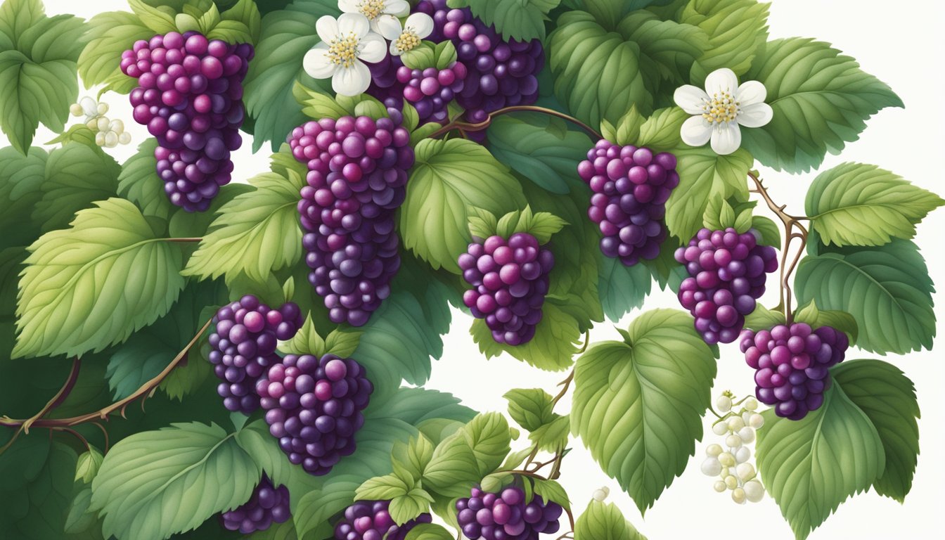 A lush boysenberry bush with ripe, plump berries hanging from the vines, surrounded by vibrant green leaves and delicate white blossoms