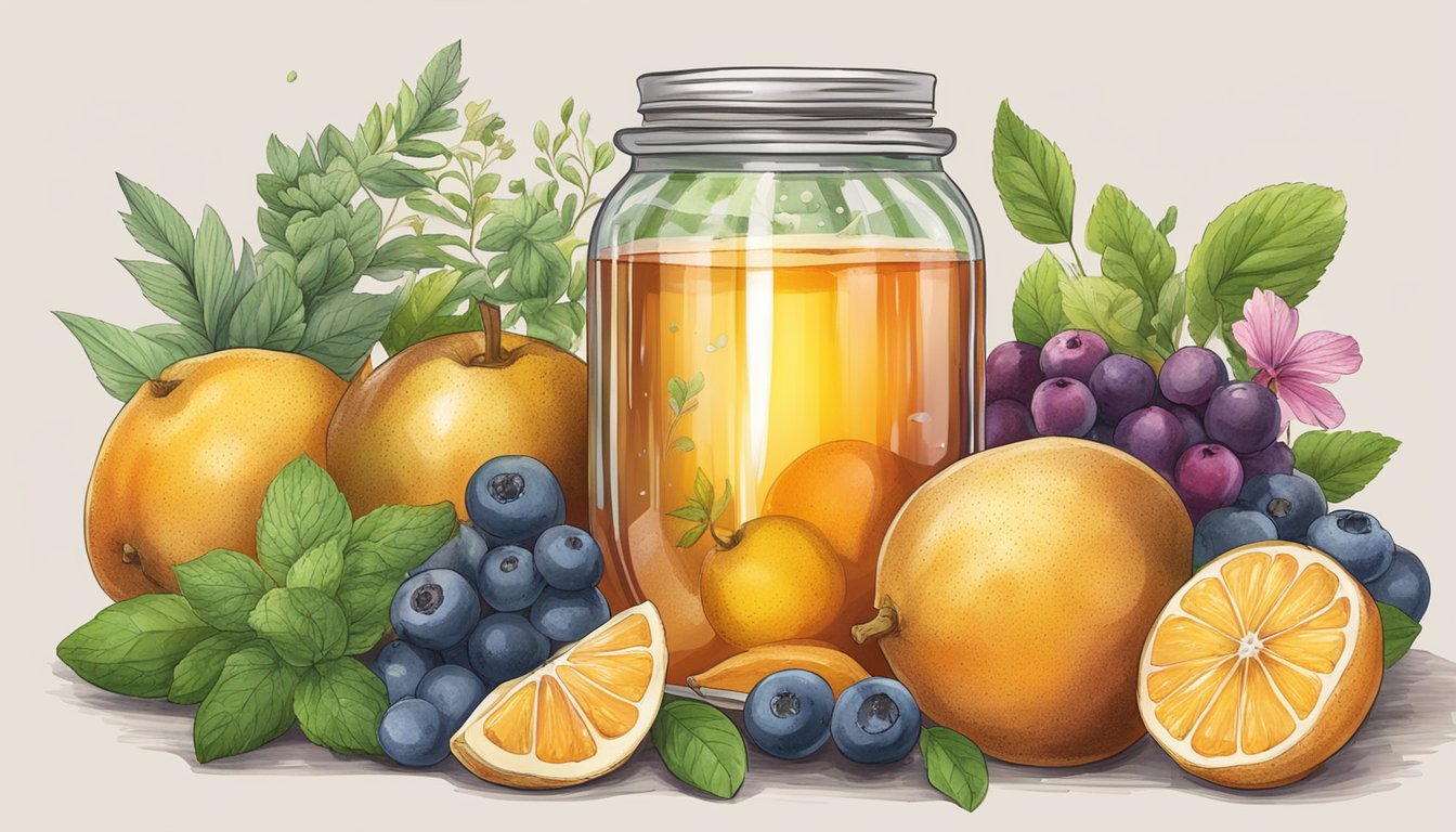 A glass jar of bubbling kombucha surrounded by various fruits and herbs