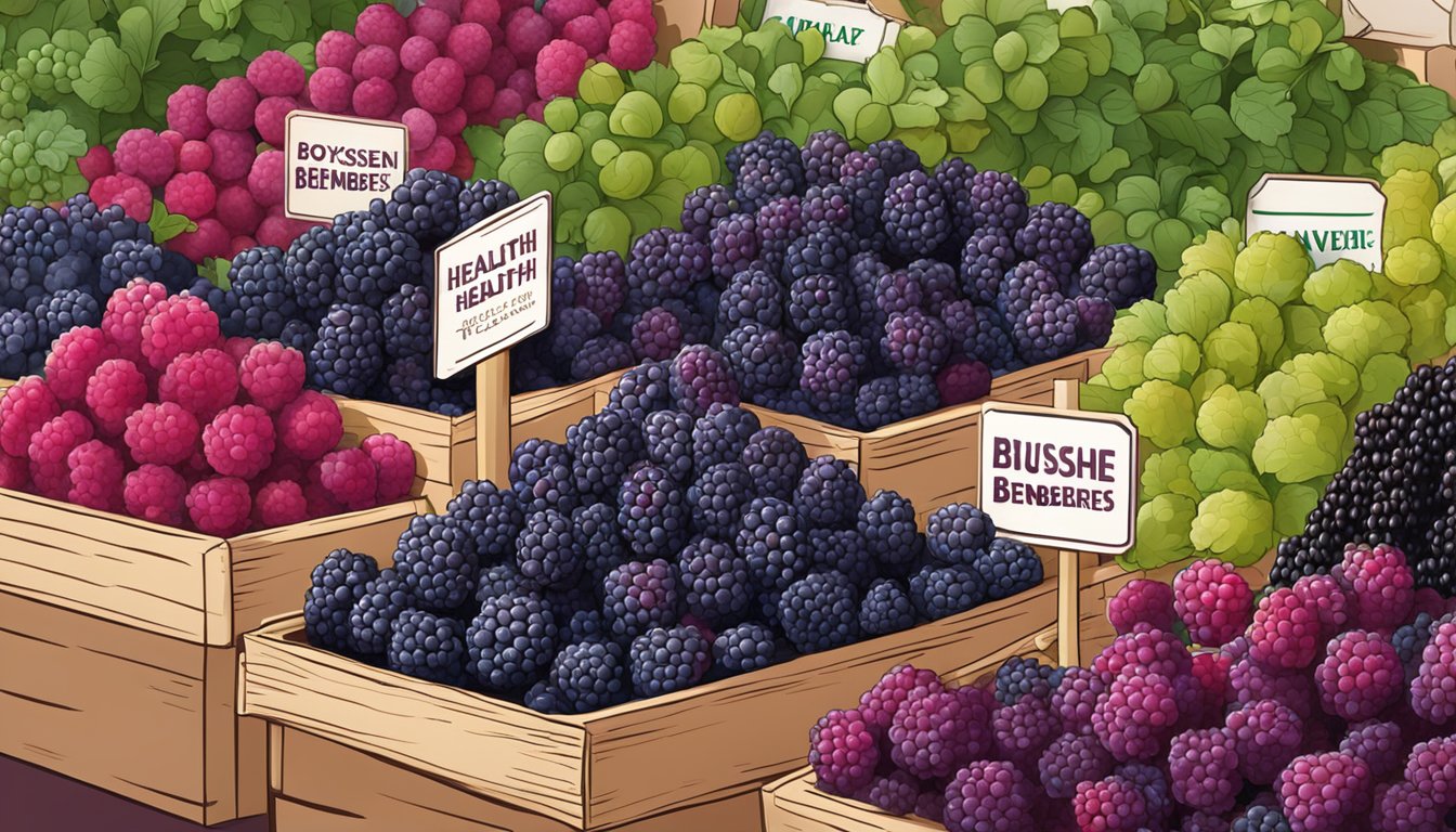 A vibrant display of boysenberries in a bustling market, with a sign highlighting their health benefits