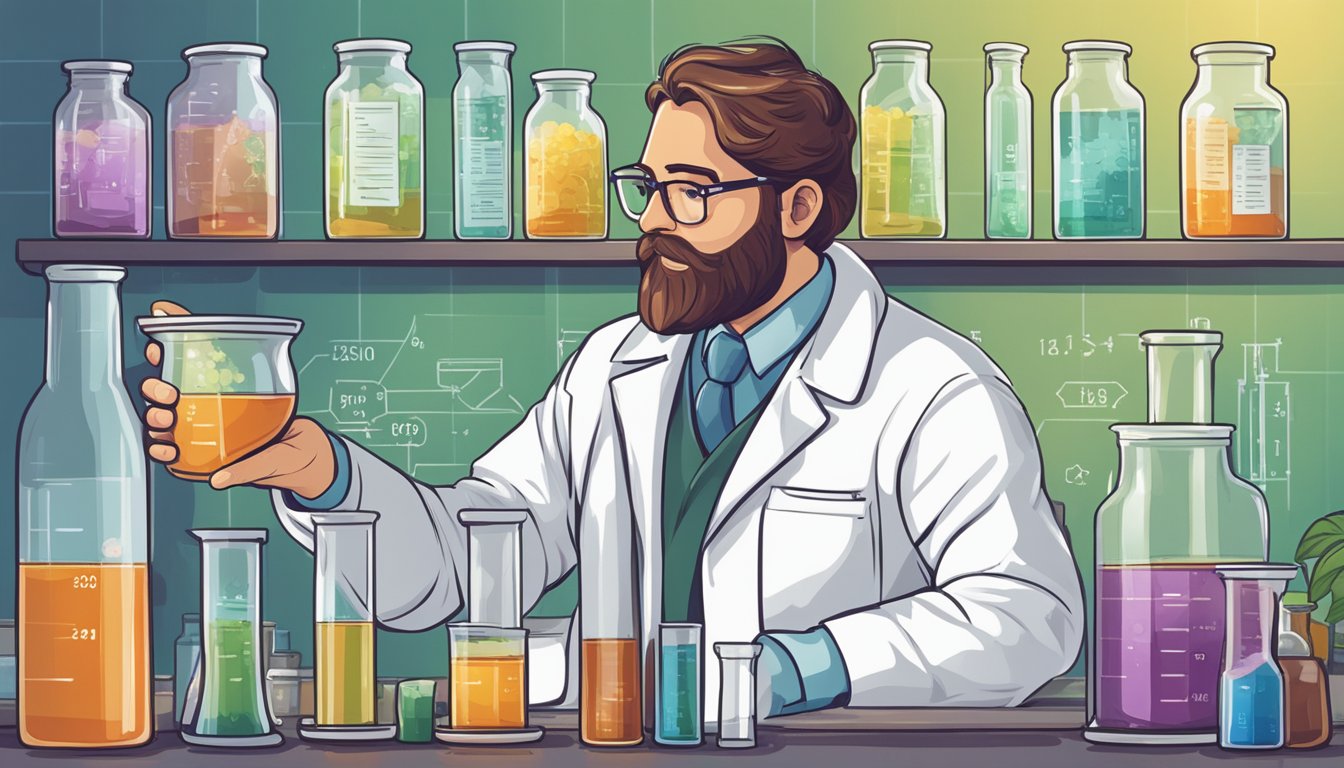 A scientist in a lab coat examines a glass of kombucha, surrounded by beakers and test tubes. A chart on the wall displays health benefits