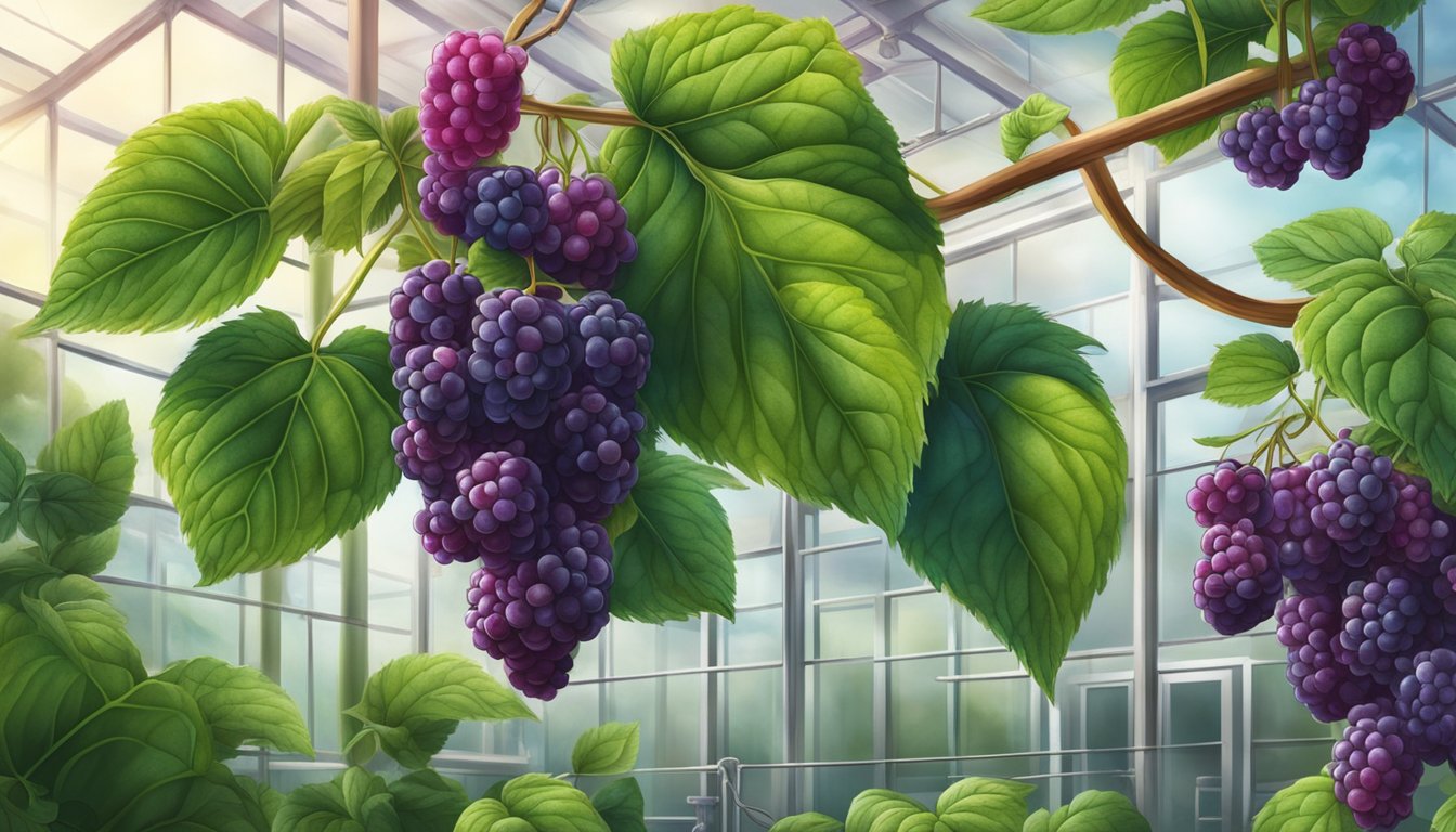 A vibrant boysenberry plant with lush green leaves and ripe, juicy berries hanging from the vine, surrounded by a backdrop of a research laboratory and scientific equipment