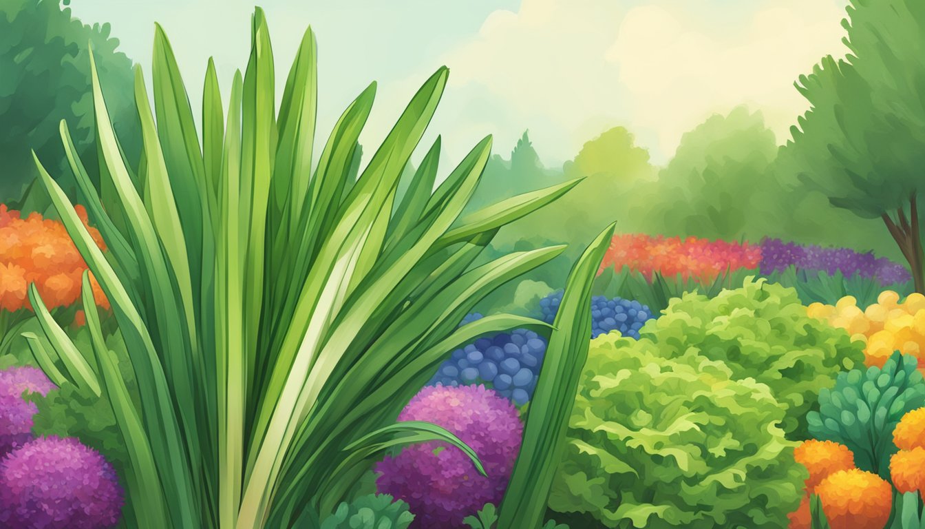 A vibrant leek plant standing tall with long, green leaves swaying in the breeze, surrounded by a backdrop of other colorful vegetables in a garden