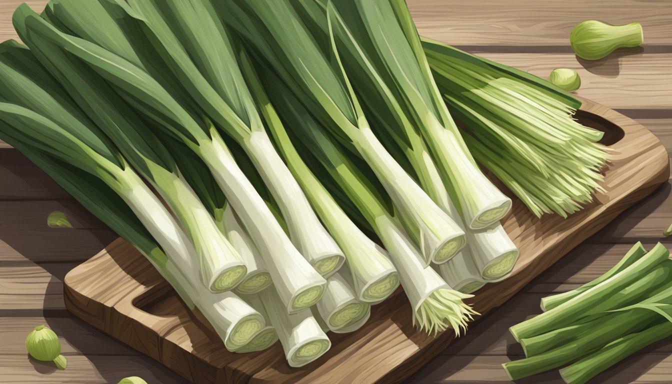 A bountiful bunch of fresh leeks, with their long green leaves and white stems, arranged on a rustic wooden cutting board