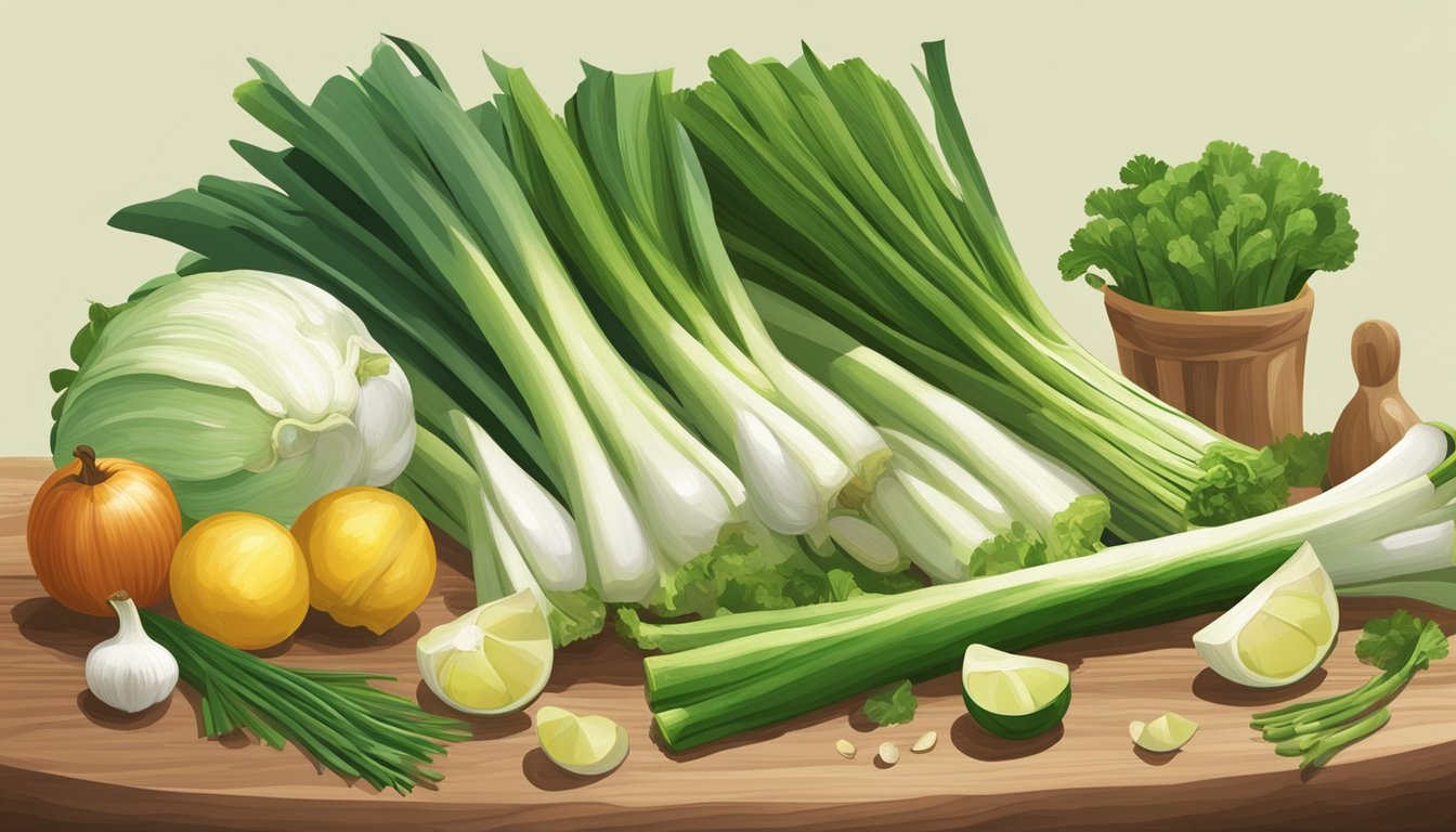 A bountiful array of fresh leeks, with their long green stalks and white bulbs, surrounded by various fruits and vegetables, all displayed on a wooden cutting board