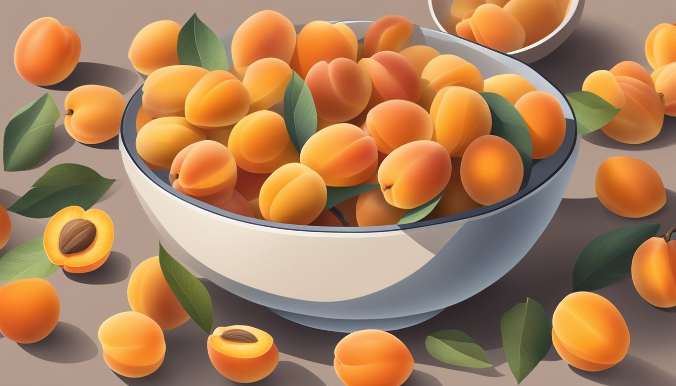 A bowl of fresh apricots surrounded by other stone fruits, with a spotlight on the apricots to highlight their health benefits