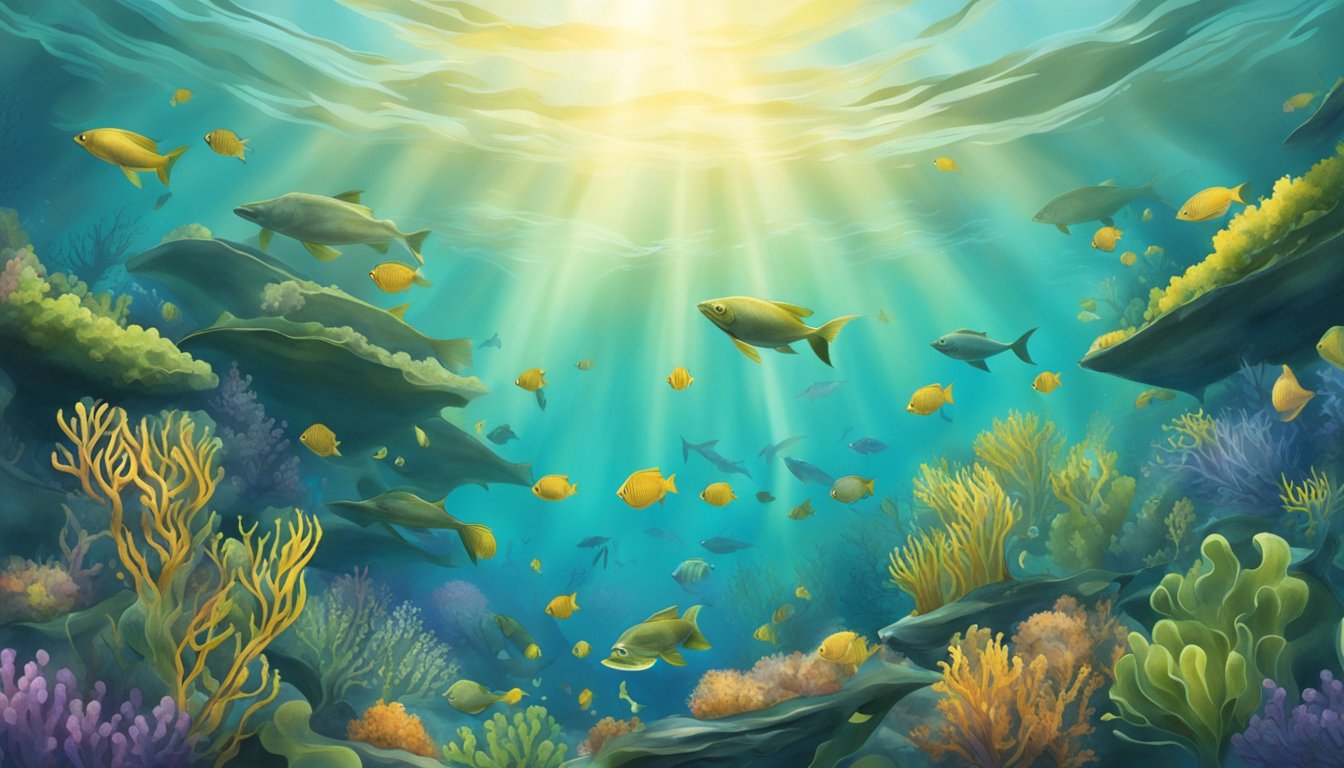 A serene underwater scene of kelp swaying in the current, surrounded by diverse marine life, illustrating the protective effects against environmental toxins