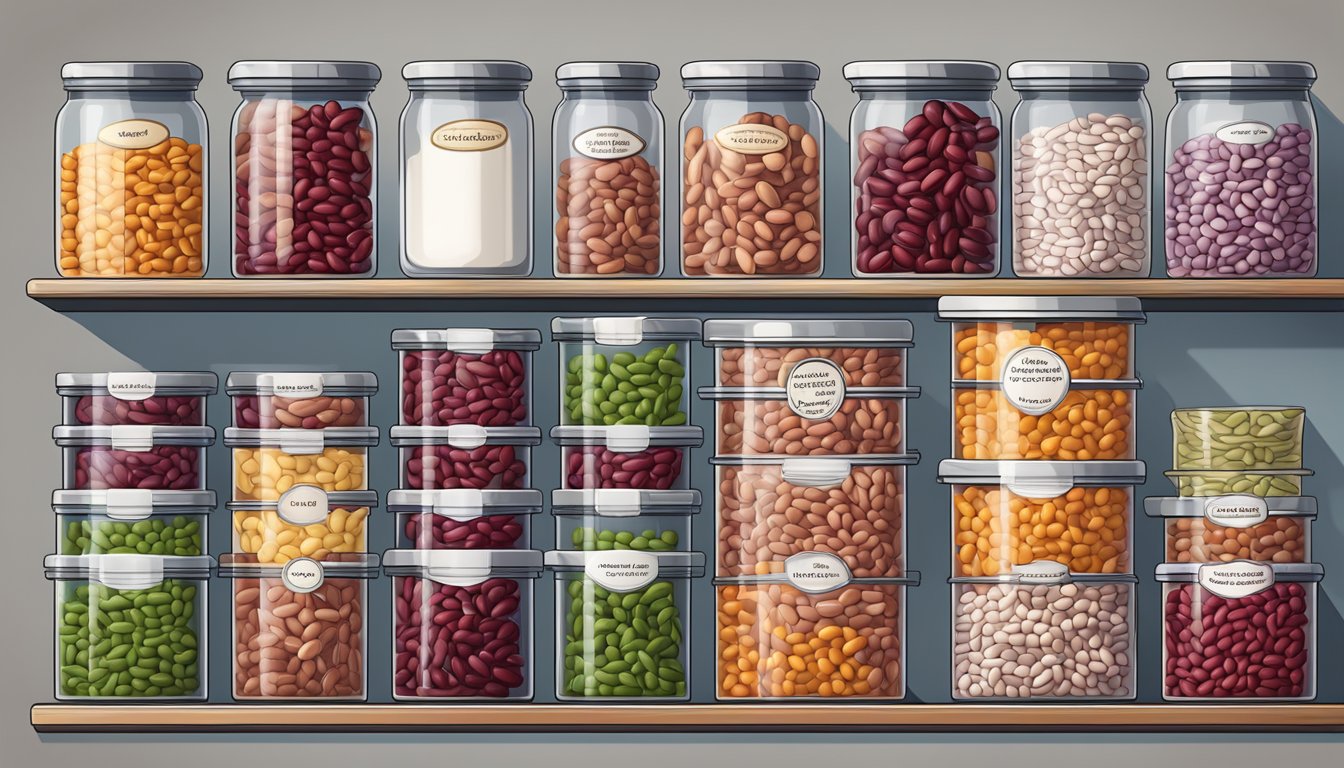 A colorful array of kidney beans, neatly organized in a pantry with labeled containers, showcasing their health benefits for a food safety illustration