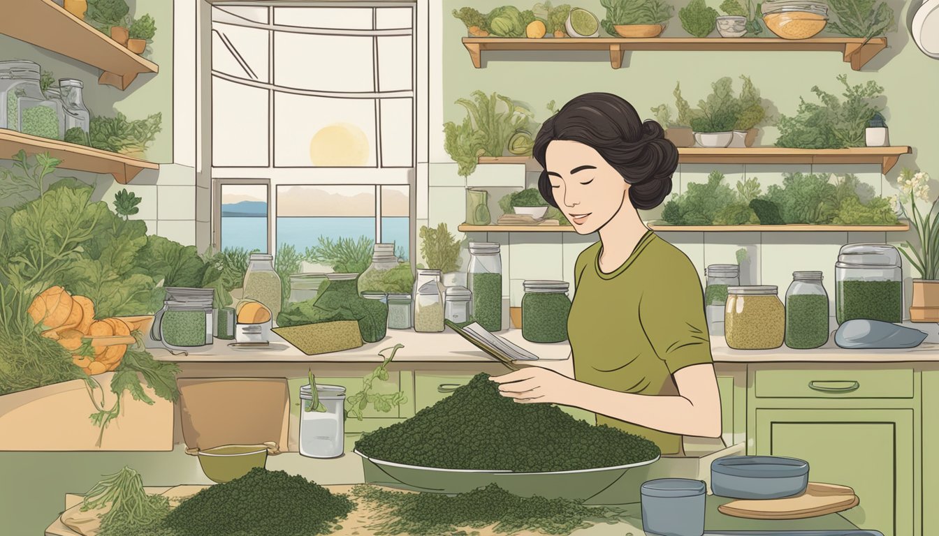 A woman in a kitchen, surrounded by various types of seaweed and kelp supplements. She is reading a book about the health benefits of kelp while preparing a smoothie with kelp powder