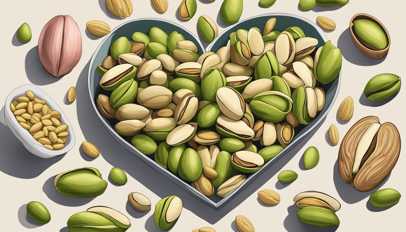 A pile of pistachios surrounded by images of heart, brain, and muscles to depict the health benefits of pistachios