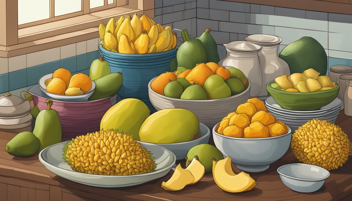 A colorful array of ripe jackfruits surrounded by various dishes, showcasing its versatility and health benefits in a vibrant kitchen setting