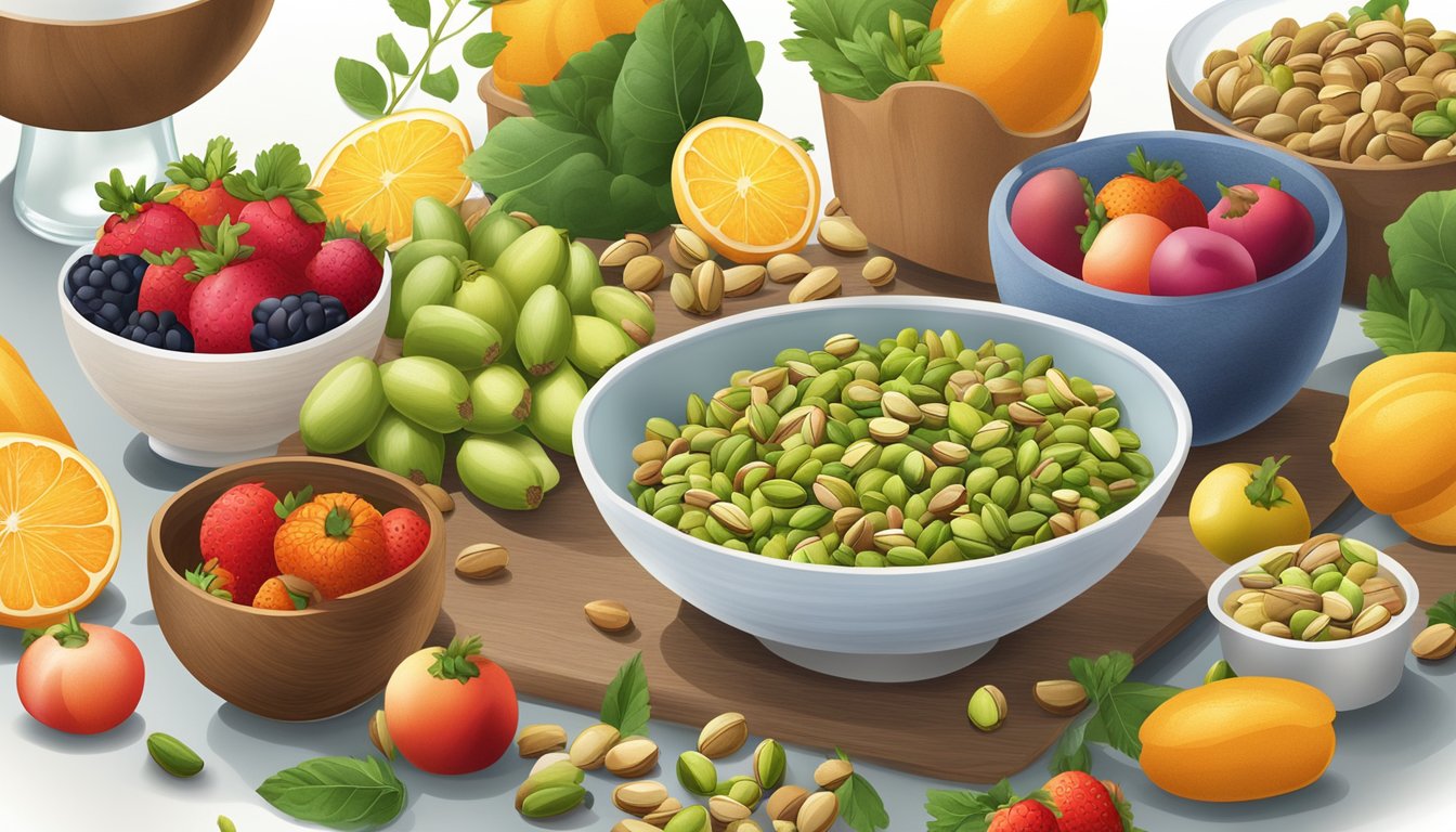 A bowl of pistachios surrounded by a variety of fresh fruits and vegetables, with a clear glass of water on the side