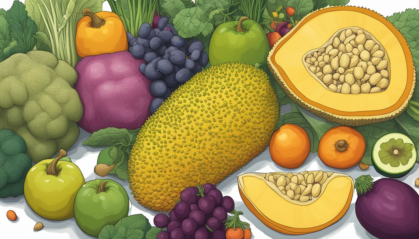 A colorful illustration of a jackfruit surrounded by various fruits and vegetables, with a caution sign and a list of potential side effects in the background