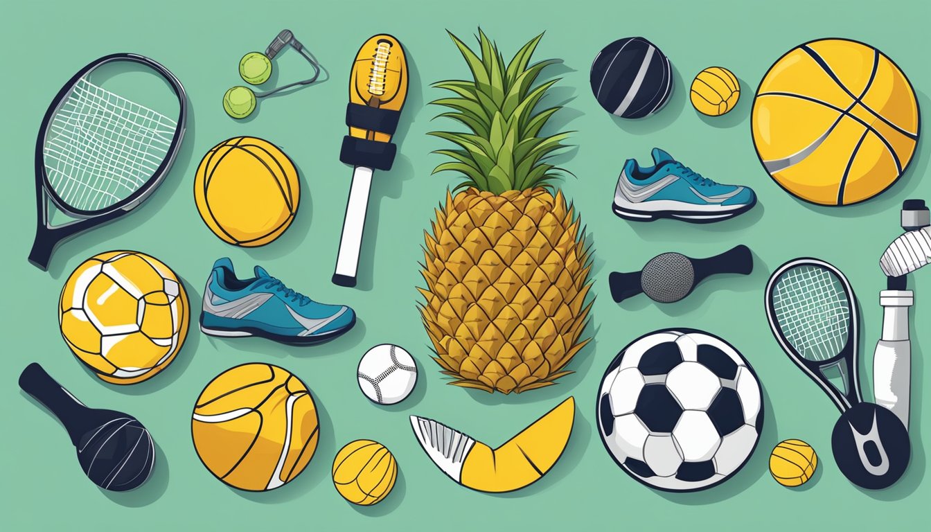 A pineapple surrounded by various sports equipment, symbolizing the health benefits of pineapple for muscle recovery and function