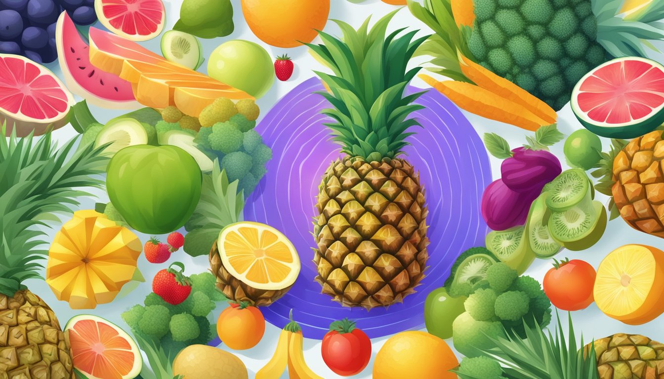 A vibrant pineapple surrounded by a variety of fruits and vegetables, with a glowing halo of health benefits radiating from it