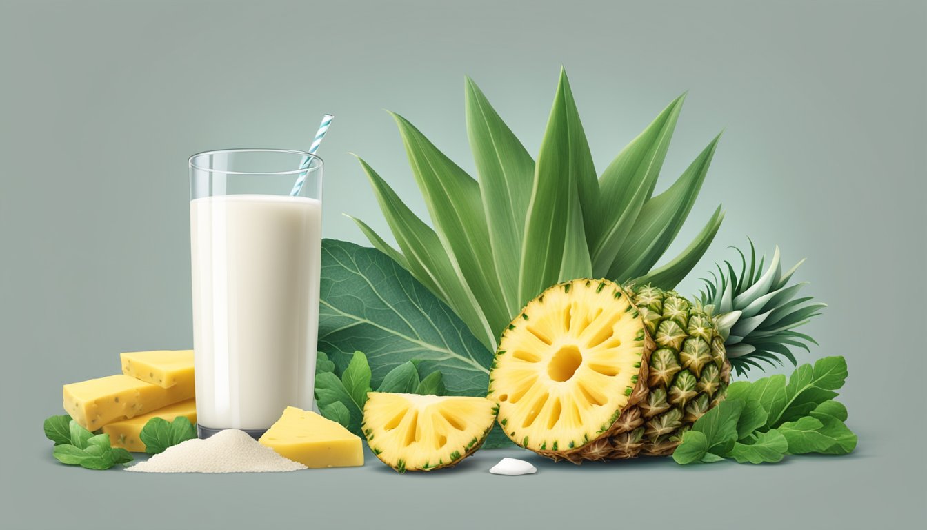 A ripe pineapple surrounded by calcium-rich foods like milk and leafy greens, with a bone-shaped calcium supplement nearby