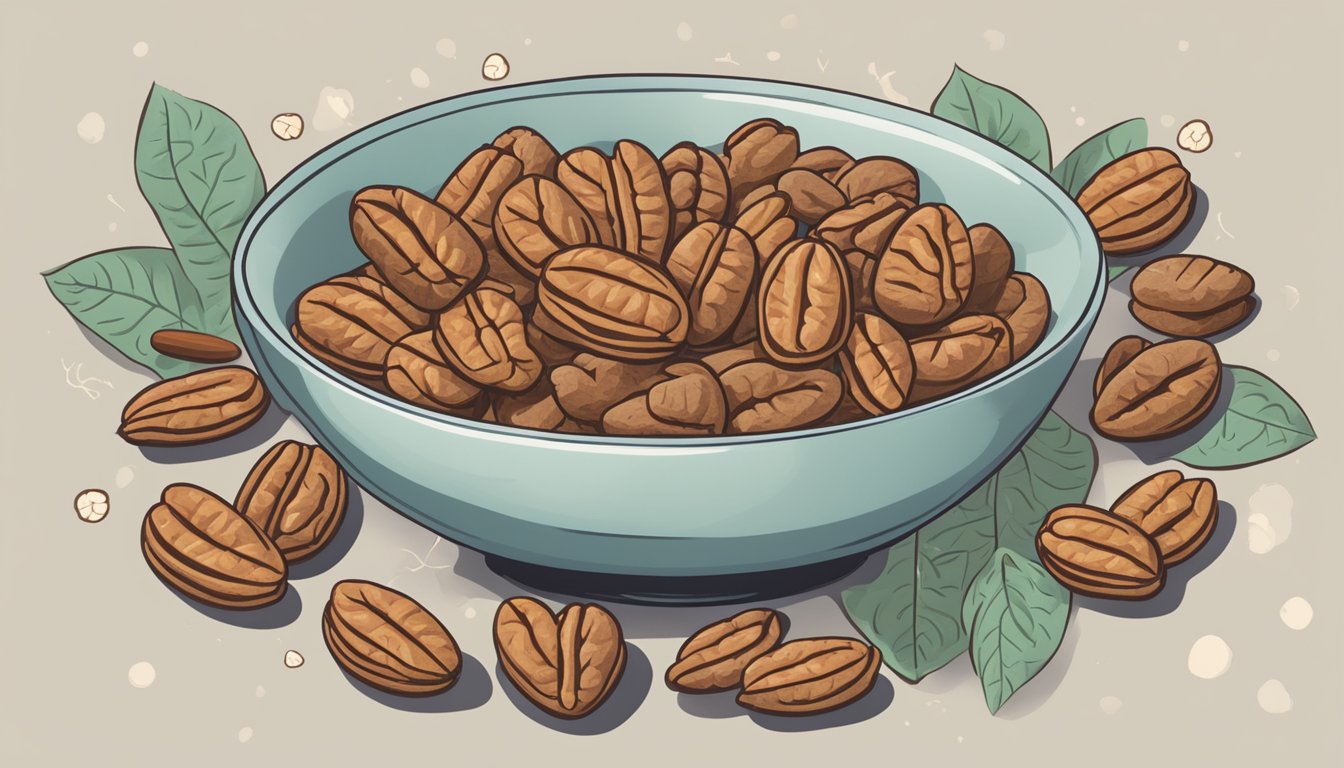 A bowl of pecans surrounded by images of a heart, brain, and allergy symbols