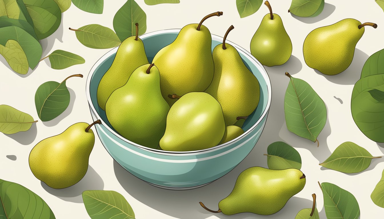 A bowl of ripe pears surrounded by scattered leaves and a measuring tape, highlighting their nutritional benefits