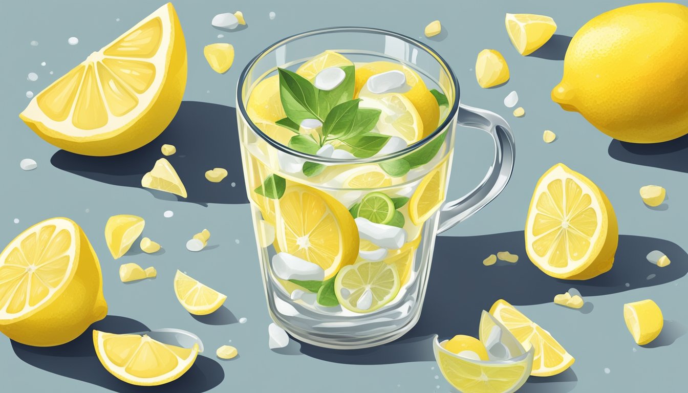 A glass of lemon water surrounded by fresh lemons and a pile of calcium-rich bones