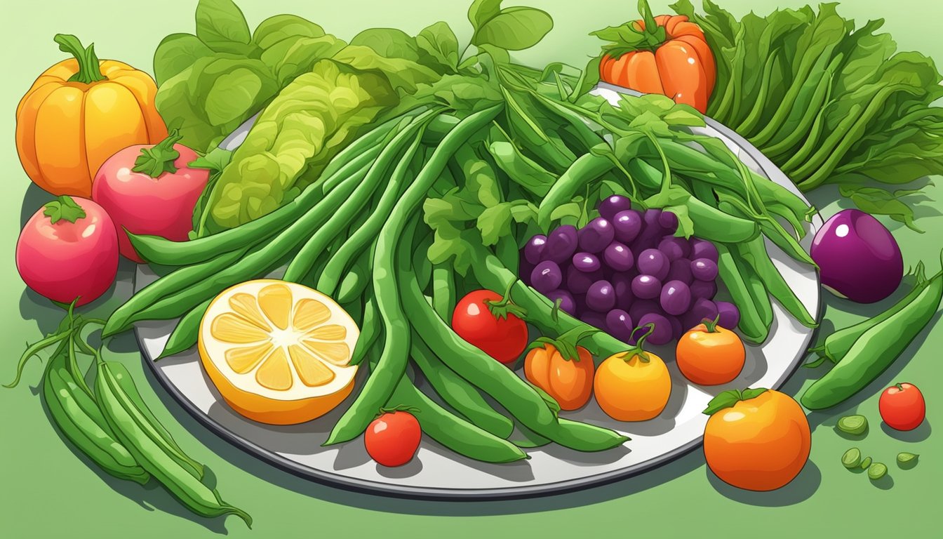 A colorful plate of fresh green beans surrounded by vibrant vegetables and fruits, with a radiant sun in the background