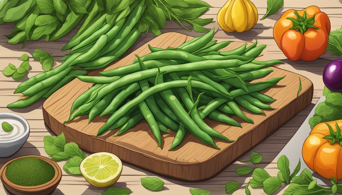 A vibrant pile of fresh green beans arranged on a wooden cutting board, surrounded by colorful vegetables and herbs