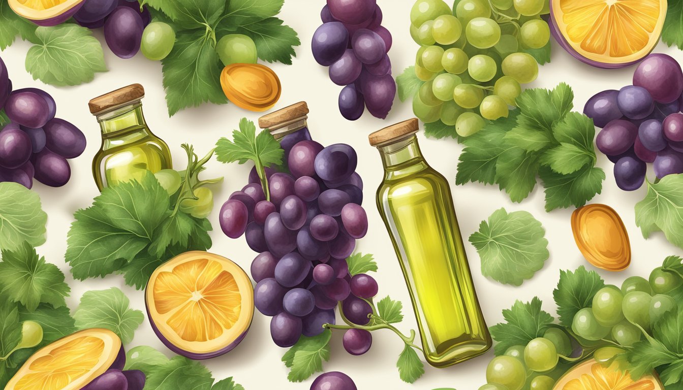 A bottle of grapeseed oil surrounded by fresh grapes and a variety of colorful vegetables, showcasing the health benefits and versatility of the oil