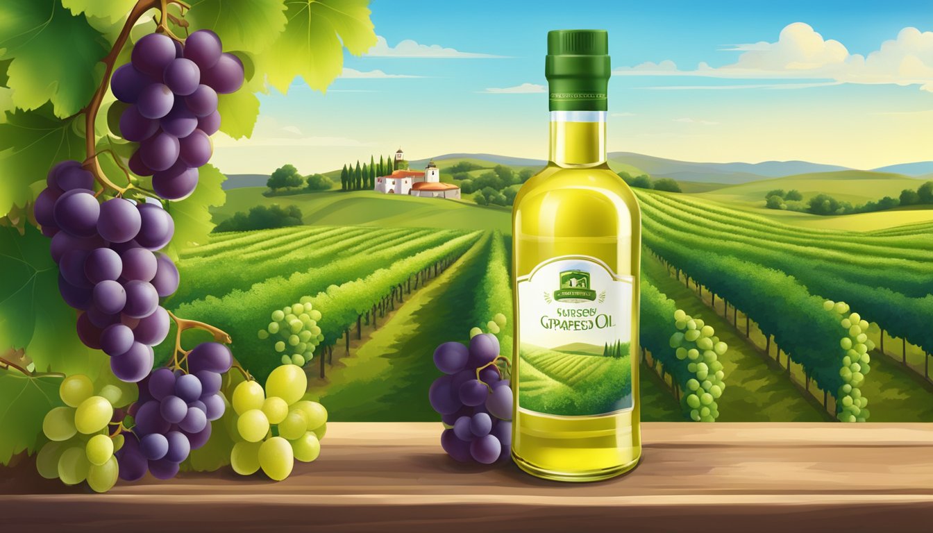 A bottle of grapeseed oil surrounded by vibrant, healthy grapes and grapevines, with a background of rolling vineyards and blue skies