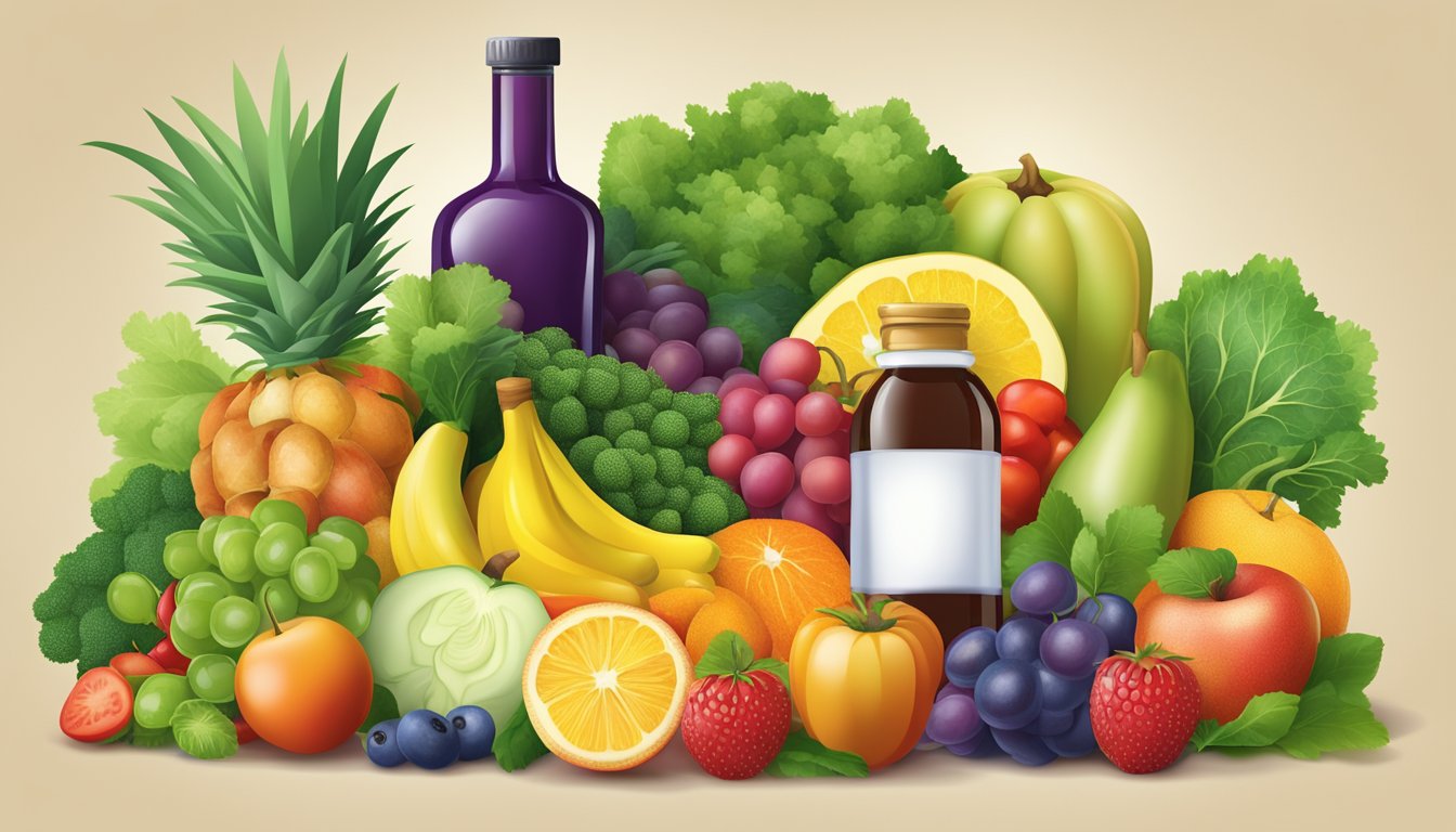 A colorful array of fresh fruits and vegetables, with a bottle of grapeseed oil placed prominently in the center, symbolizing the health benefits of incorporating it into a balanced diet