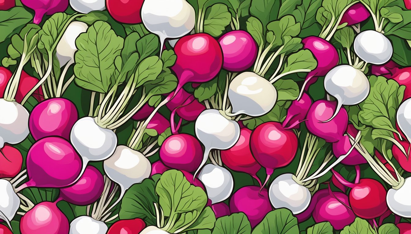 A colorful array of radishes, with their vibrant red, pink, and white hues, arranged in a bountiful pile, surrounded by fresh green leaves and stems