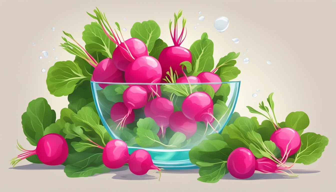 A vibrant pile of radishes, surrounded by fresh green leaves and a clear glass of water, symbolizing digestive health and detoxification benefits