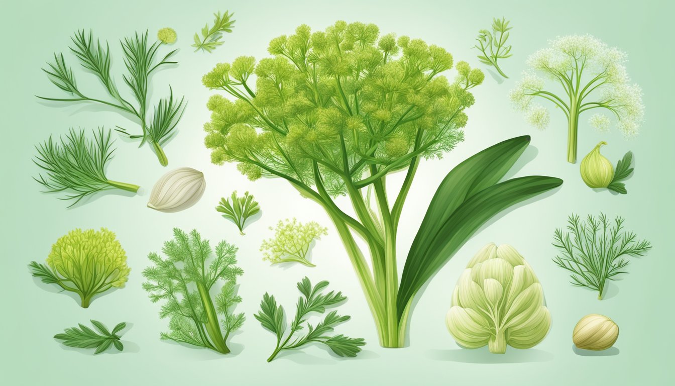 A vibrant illustration of fennel plant with its bulb, feathery leaves, and seeds, surrounded by icons representing its health benefits like digestion, heart health, and antioxidants