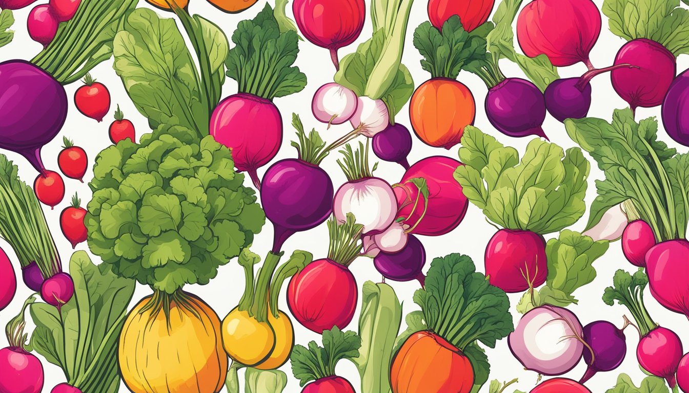 A vibrant bunch of radishes surrounded by various fruits and vegetables, symbolizing the immune-boosting and overall well-being benefits of incorporating radishes into one's diet