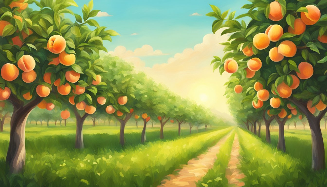 A vibrant peach orchard with ripe fruit hanging from the branches, surrounded by lush green foliage and bathed in warm sunlight