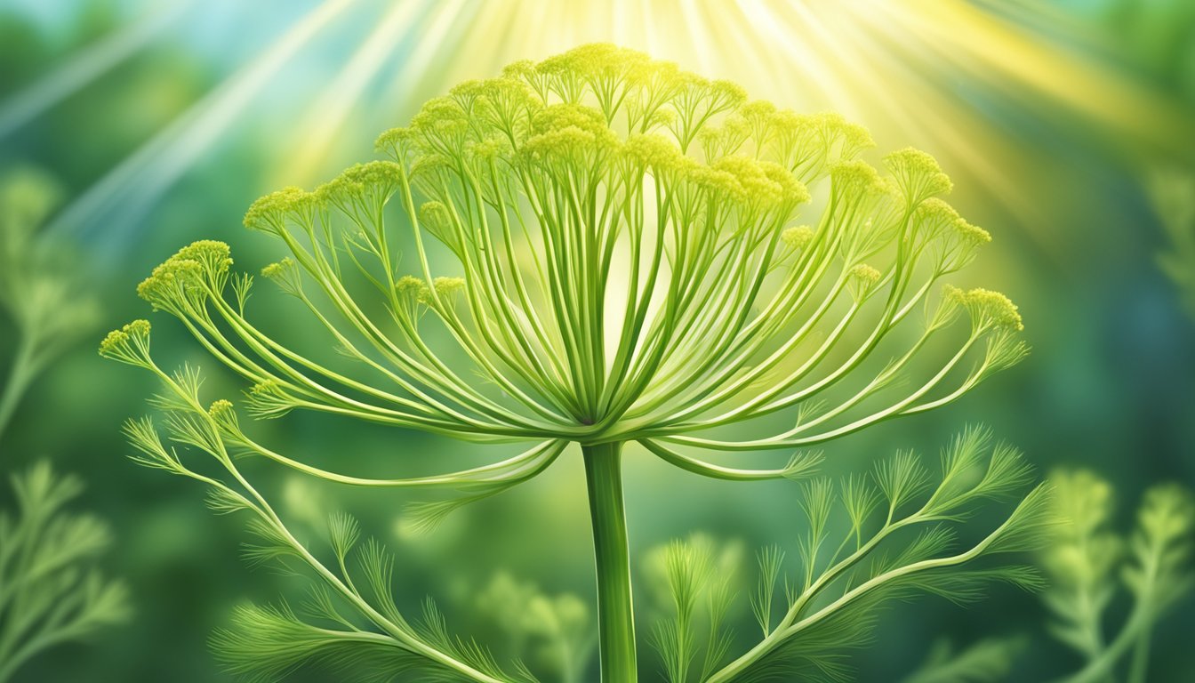 A vibrant fennel plant surrounded by radiant rays of sunlight, with healthy, glowing skin and a strong immune system depicted in the background