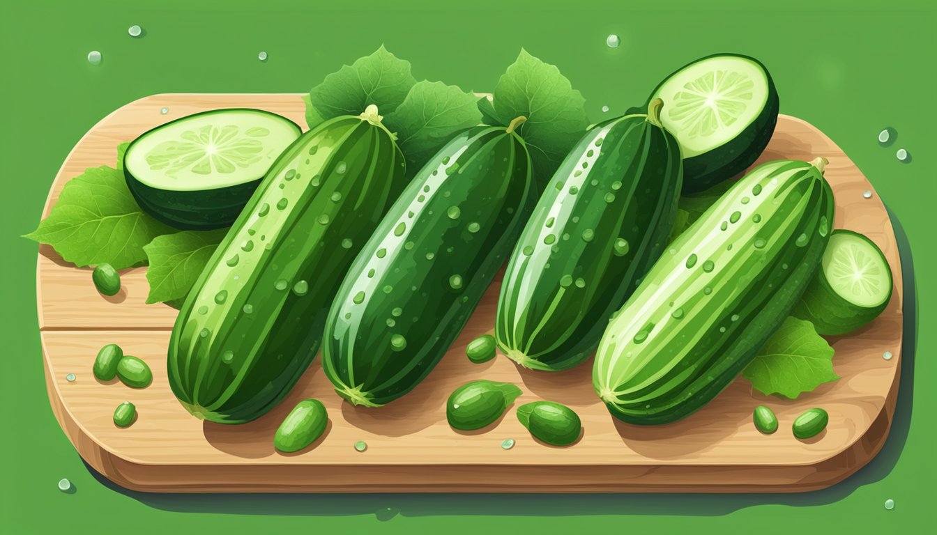 A variety of cucumbers arranged on a wooden cutting board, surrounded by vibrant green leaves and small droplets of water