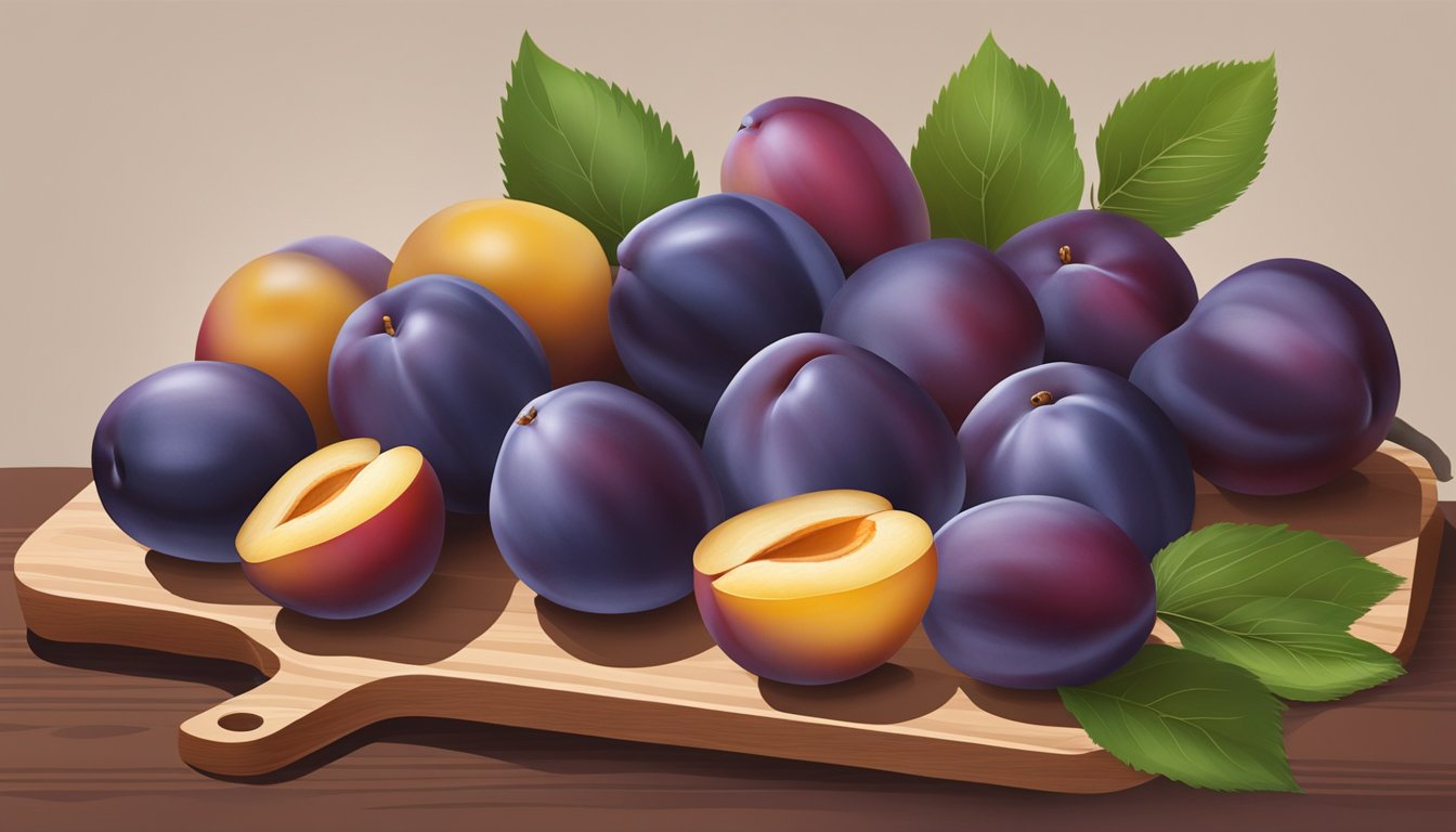 A colorful assortment of ripe plums arranged on a wooden cutting board, surrounded by scattered plum leaves and a small bowl of sliced plums