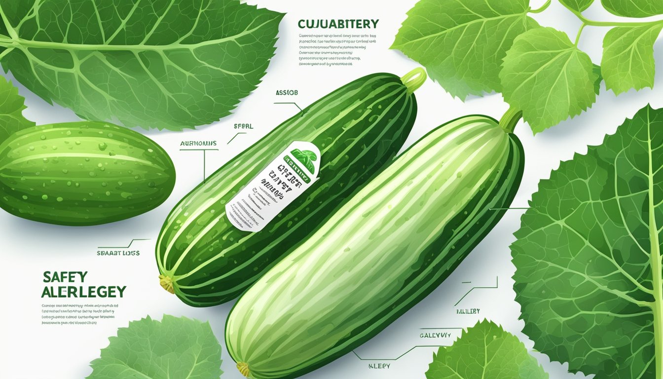 A fresh cucumber surrounded by vibrant green leaves, with a clear "Safety and Allergy Information" label next to it