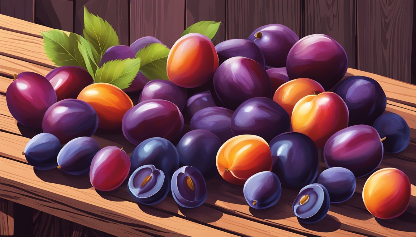 A variety of plums arranged on a rustic wooden table, with their rich purple and red hues glistening in the sunlight, showcasing their delicious and nutritious qualities