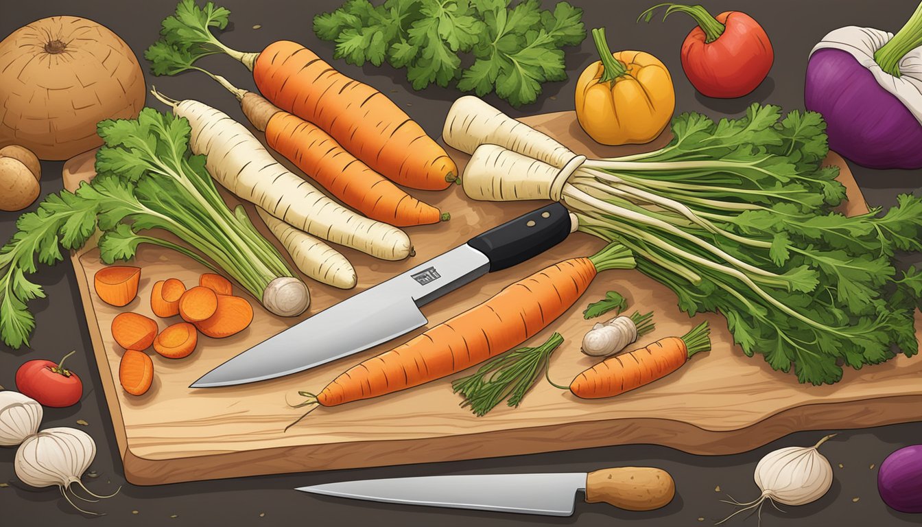 A colorful array of parsnips, carrots, and other root vegetables arranged on a cutting board, with a chef's knife beside them