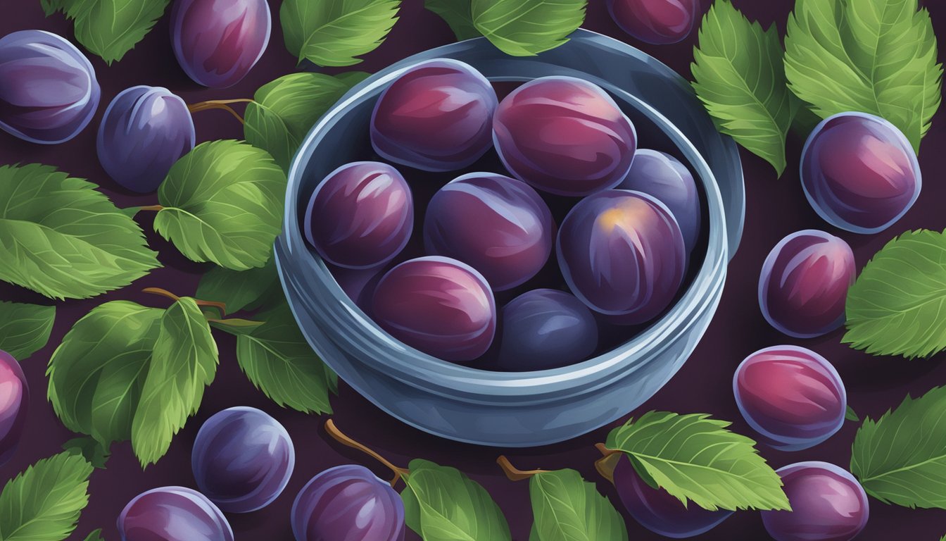 A bowl of assorted plums surrounded by vibrant green leaves, with a few plums sliced open to reveal their juicy, purple flesh