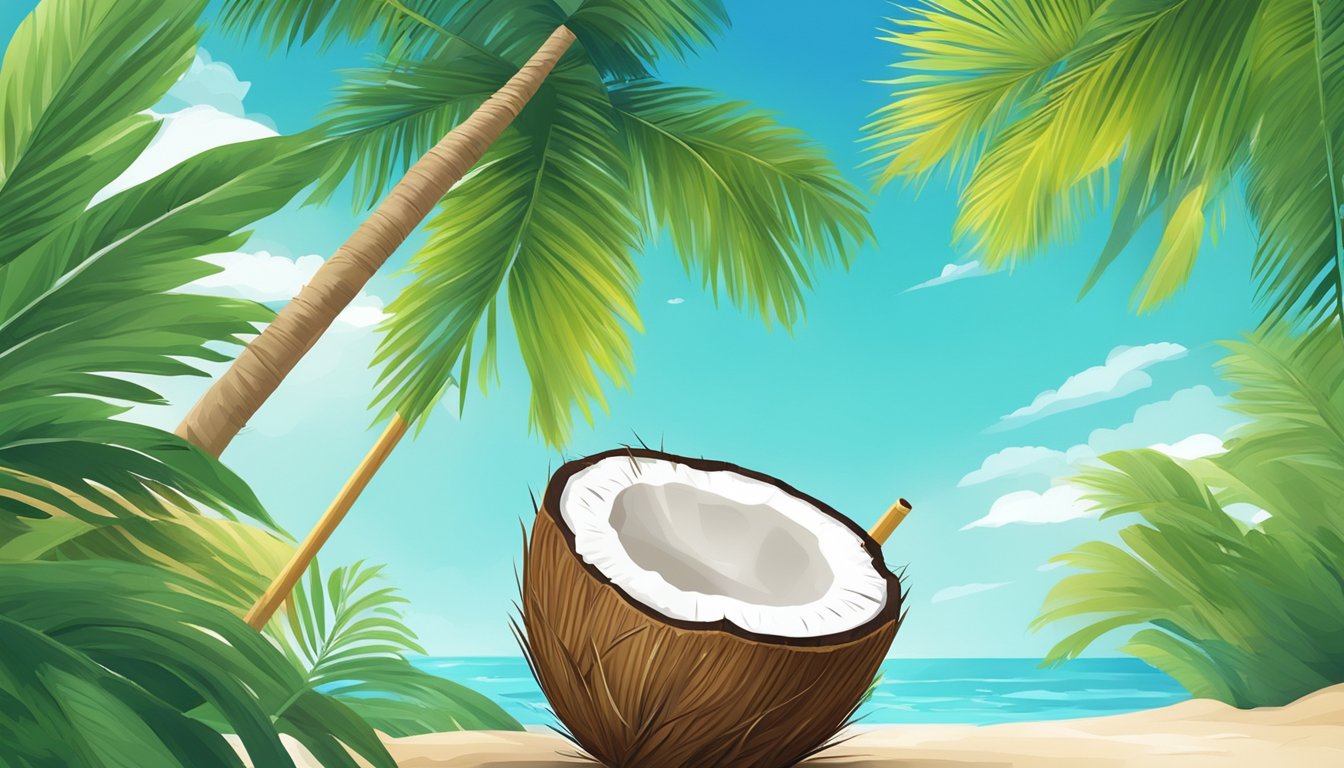 A coconut with a straw inserted, surrounded by vibrant green palm leaves and a clear blue sky in the background