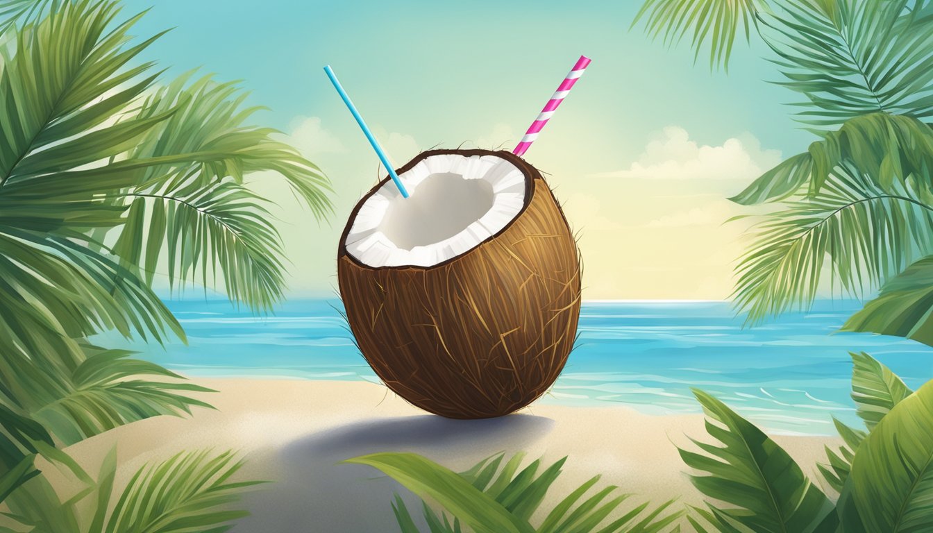 A coconut with a straw sticking out, surrounded by tropical foliage and a clear blue sky