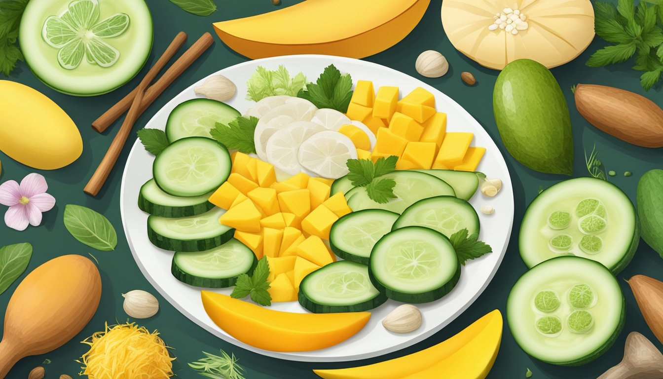 A colorful array of sliced jicama, mango, and cucumber arranged on a plate, surrounded by a variety of herbs and spices