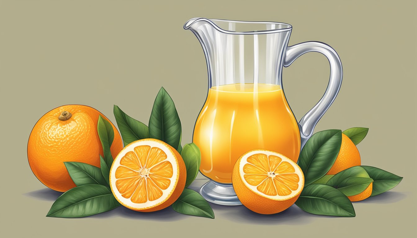 A glass of freshly squeezed orange juice surrounded by whole oranges and a water pitcher