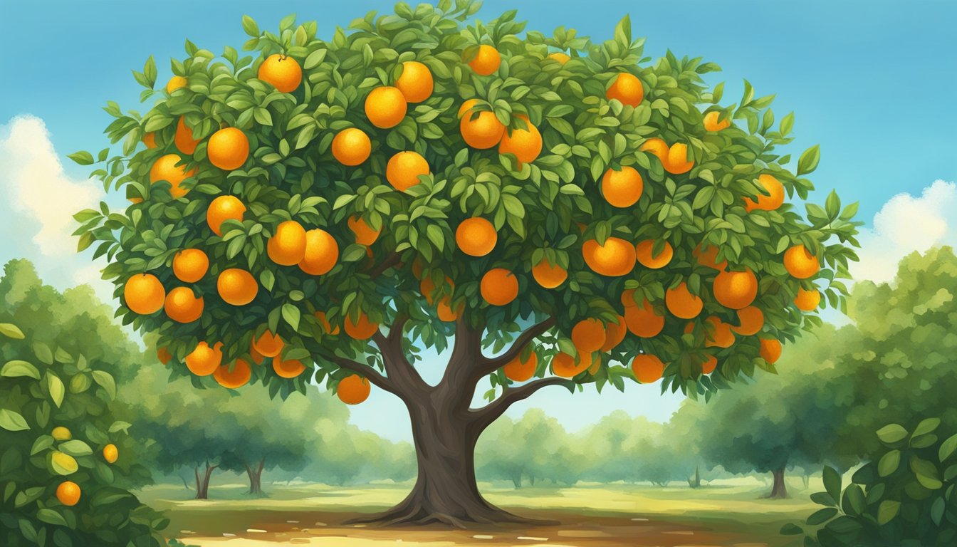 A vibrant orange tree with ripe fruit hanging from its branches, surrounded by lush green leaves and a clear blue sky overhead