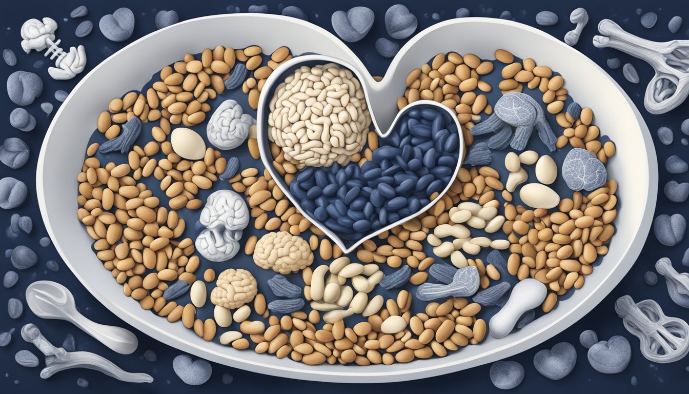 A bowl of navy beans surrounded by images of heart, brain, and bones to depict the health benefits of navy beans