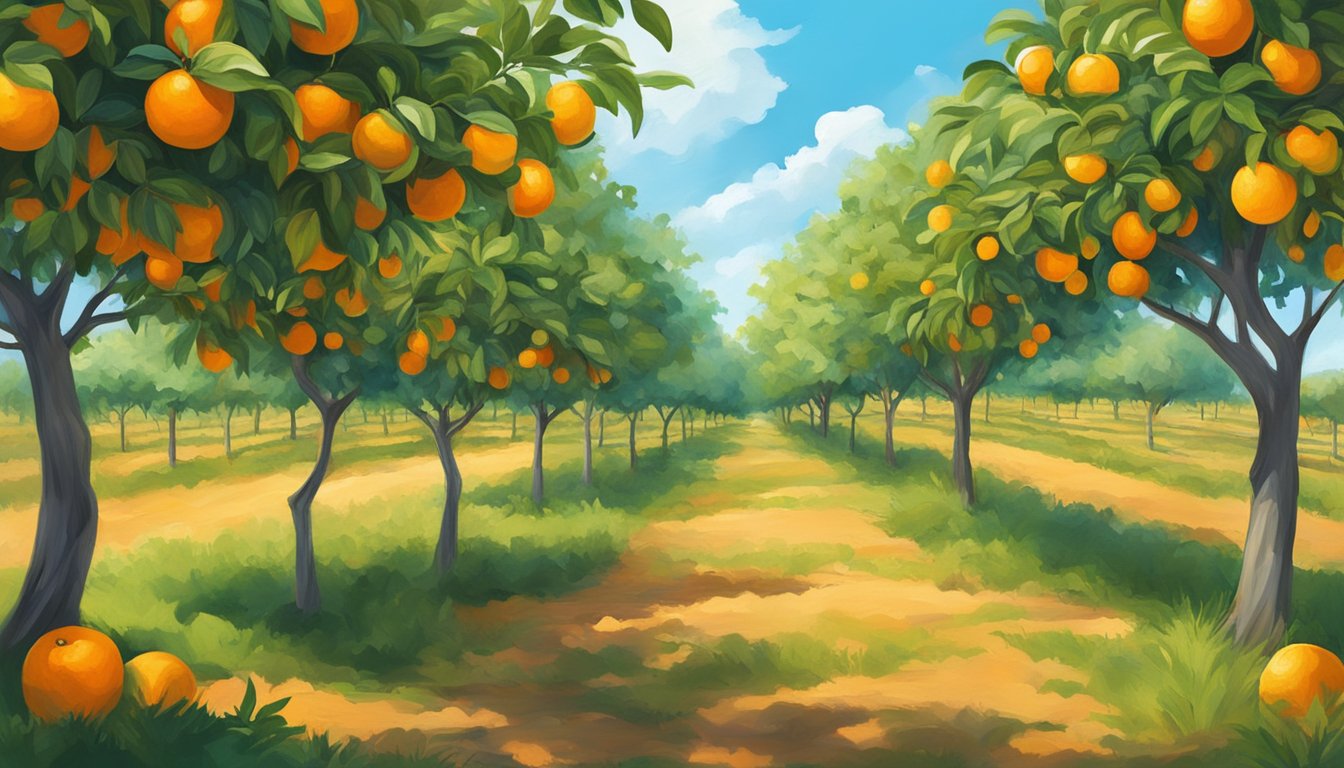 A vibrant orange orchard with ripe fruit hanging from the trees, surrounded by lush green leaves and clear blue skies