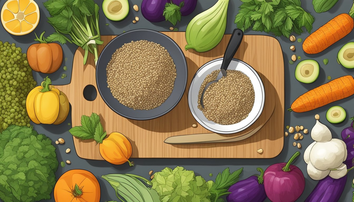 A bowl of hemp seeds surrounded by various fruits and vegetables, with a chef's knife and cutting board in the background